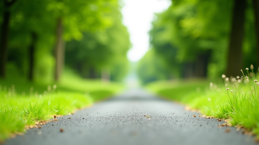 Close-up view of a well-maintained asphalt cycling path with green grass verges on either side and trees creating a natural tunnel effect