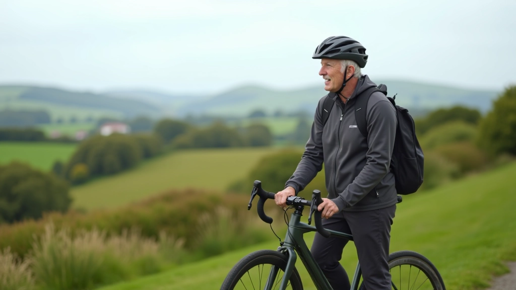 Cyclist taking break at scenic viewpoint with town visible in distance along greenway route