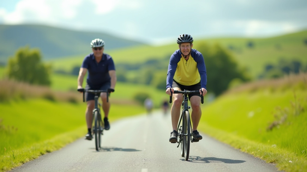 Cyclists riding on flat paved path with green rolling hills and rural landscape in County Waterford