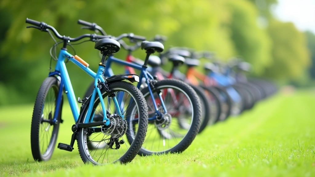 Selection of hybrid and comfort bikes lined up on a green outdoor surface, showing different frame sizes and styles suitable for leisurely cycling