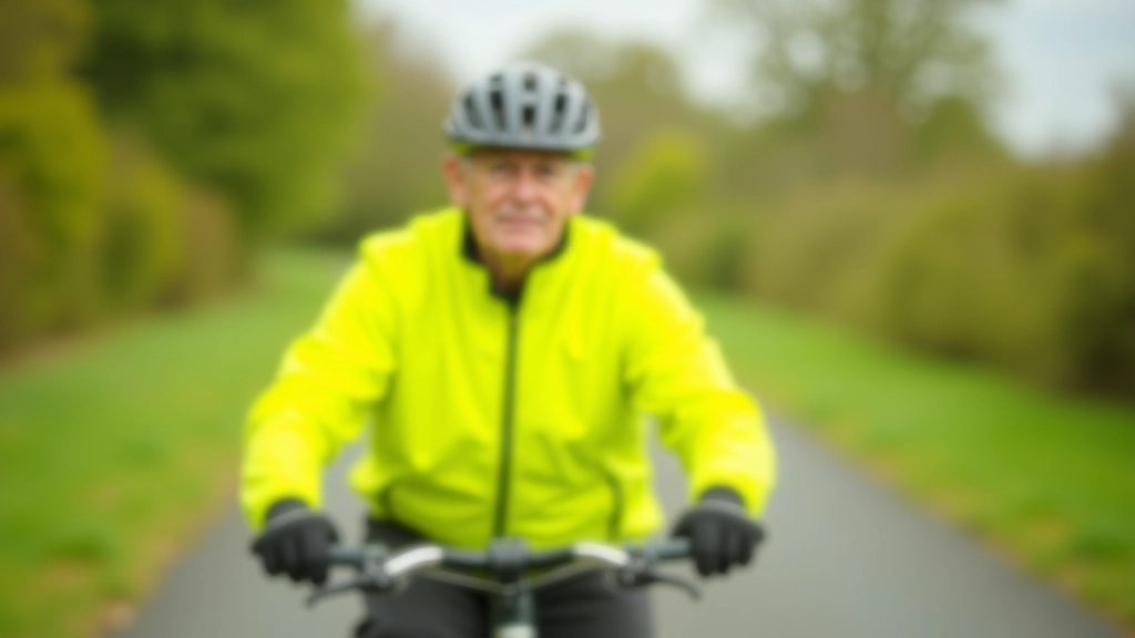 Senior cyclist wearing a bright safety helmet and high-visibility clothing, riding on a tree-lined paved greenway path with clear weather