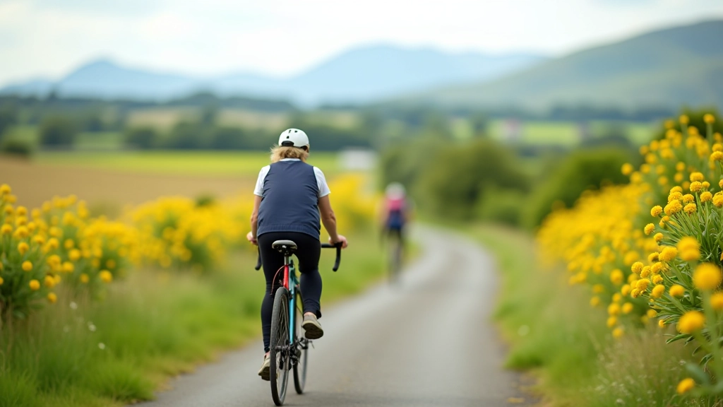 Cycling through rural Mayo countryside with wildflowers along greenway edges and distant mountain views