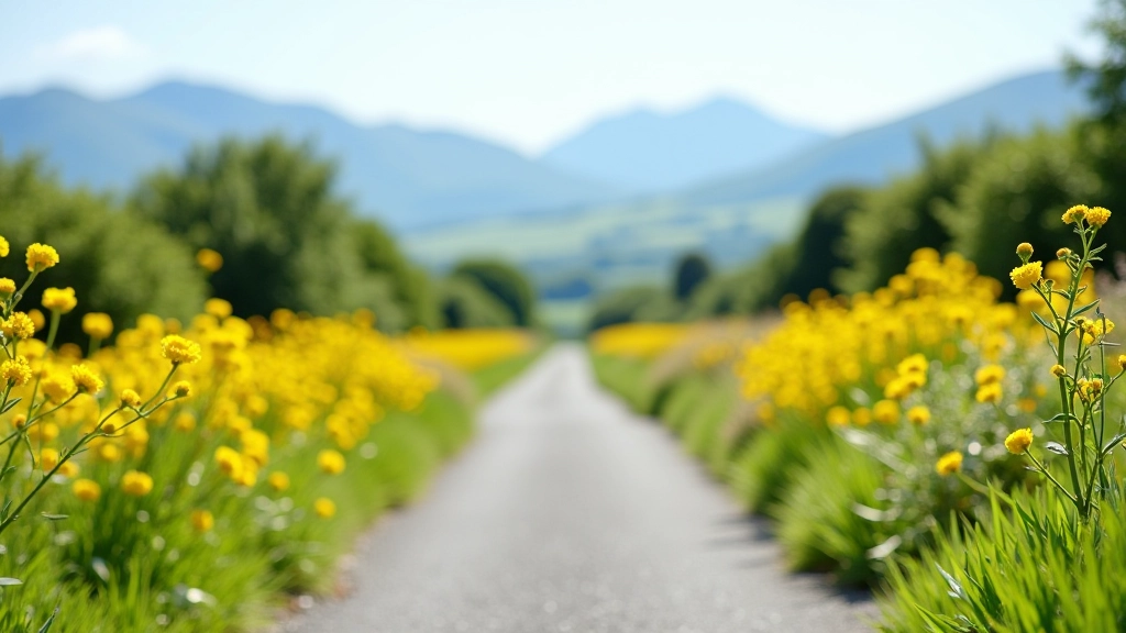 Scenic view of the Great Western Greenway with wildflowers blooming along the side of the paved cycling path in County Mayo
