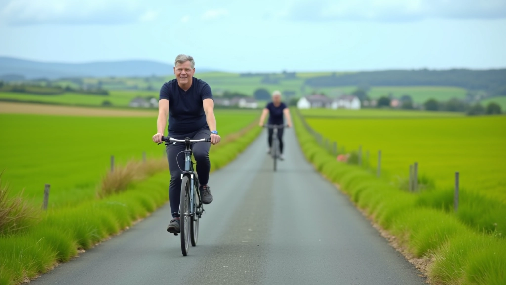 Flat, paved Déise Greenway cycling path winding through green fields and small towns in County Waterford with blue sky overhead