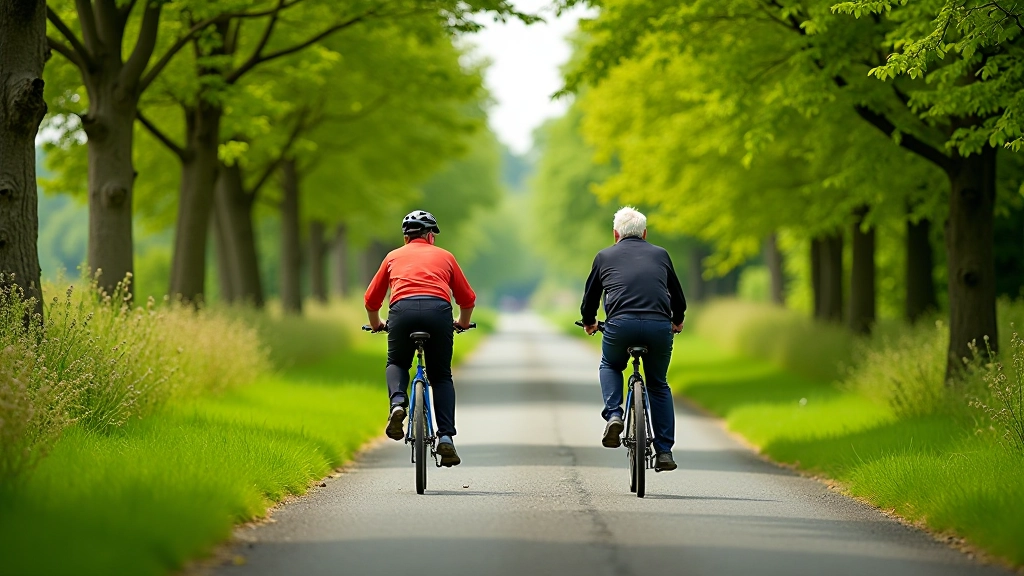 Scenic view of a flat, tree-lined cycling path with senior cyclists enjoying a peaceful ride on an Irish greenway
